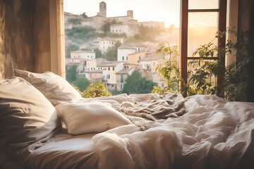 Ein Bett vor einem Fenster mit Ausblick auf ein Dorf in Hanglage  - obrazy, fototapety, plakaty