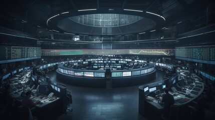 Illustration of trading floor, stock market exchange indoor backgrounds with round workplaces and displays showing financial data. Businesspeople.