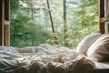 Ein Bett vor einem geöffneten Fenster mit Blick in einen Wald