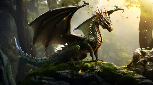 Winged Watcher: Forest Dragon Perched Upon Mossy Stone