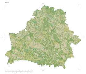Belarus shape isolated on white. OSM Topographic Humanitarian style map