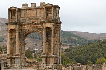 View of the ruins of the Roman city of Djemila. Arch of Caracalla. The city was inhabited from...