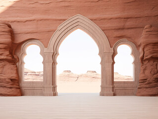 a stone archway with arches and a desert landscape