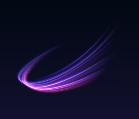 Purple neon lines in wave realistic vector illustration. Shiny motion trail 3d element on black background. Action concept design template