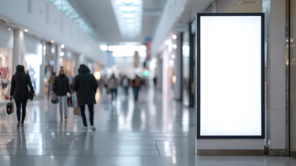 A white billboard in the mall, people walking in the background. Place for text or image, Advertising