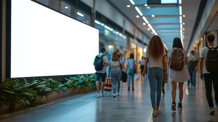A white billboard in the mall, people walking in the background. Place for text or image, Advertising - obrazy, fototapety, plakaty