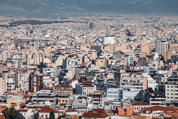 Fototapeta na wymiar Athens, Greece capital, top view from Acropolis. Panorama of the city, toning