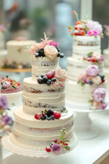 Several wedding cakes on display in a pastry shop. Wedding cake tasting