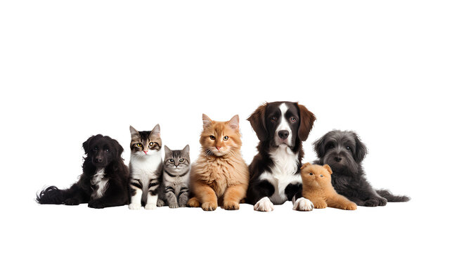 Group of cats and dogs, isolated on transparent background