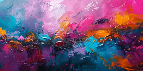 Foto auf Acrylglas Colorful street art graffiti background. Pink, magenta, blue, yellow colors drips, flows, streaks of paint. Abstract colorful spilled out oil paints, Generative AI  © Emotion Gallery