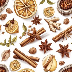 Fototapeta na wymiar Spice Harmony Unleashed Seamless Cinnamon, Ginger Illustration for Packaging, Stickers, Boxes