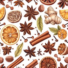 Fototapeta na wymiar Aromatic Delight Seamless Cinnamon, Ginger Illustration for Packaging, Stickers, Boxes