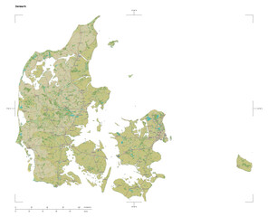 Denmark shape isolated on white. OSM Topographic Humanitarian style map