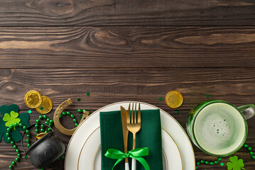 Celebrate St. Paddy's Day at the bar concept. Overhead photo capturing a table set with plate, knife, fork, beer, lucky horseshoe, magic pot filled with gold coins, trefoils, confetti, beads on wood - Powered by Adobe