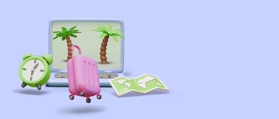 3D pink suitcase, alarm clock, world map, laptop with palm trees on screen