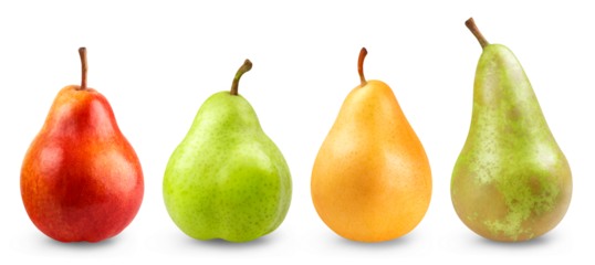 Pear isolated set. Collection of red, green, yellow pears and conference on a transparent background.