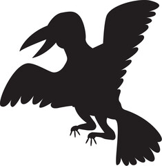 Black silhouette flying croaking raven bird body, fairy tale Halloween character. Creepy shadow outline of nocturnal raven scarecrow. Simple black and white Vector isolated on white background