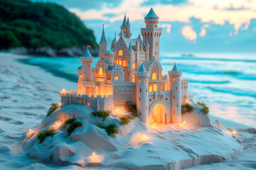 beautiful sandcastle on evening stand on sea or ocean shore, resort concept, castle made of sand, clay and mud is beautiful - obrazy, fototapety, plakaty