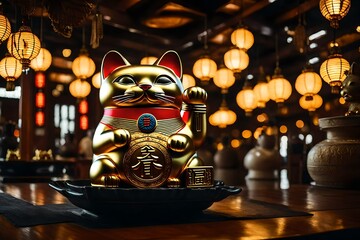 Convey the cultural fusion of the Maneki-neko and money, symbolizing good fortune and prosperity in the context of Japanese beliefs.
