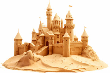 Sand castle made of kinetic sand isolated on white background