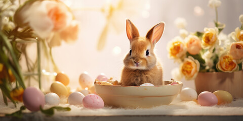 easter bunny sitting in a bowl with pastel easter eggs