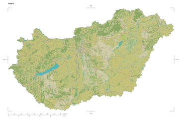 Hungary shape isolated on white. OSM Topographic Humanitarian style map