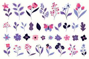 Cute flowers and leaves collection. Pink and purple spring flowers set. Minimalist floral blossom bouquet