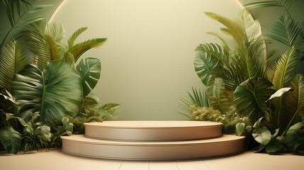 Fototapeta premium Minimal abstract summer background - 3D concrete podium display with green leaves and shadows for branding, product presentation. Natural stone pedestal with green plants. 