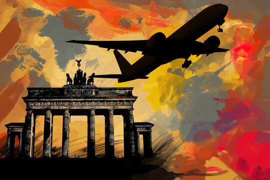 Germany Berlin travel Europe - Pop art plane and Brandenburg gate monument cartoon comic illustration cool funky colorful