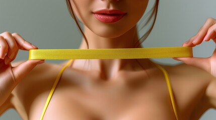 Mujer en bikini sujetando una cinta amarilla, medida, enviando un mensaje primer plano, salud comunicación, advertencia, belleza, medida, prevención, recurso publicitario, espacio copy. AI generativo - obrazy, fototapety, plakaty