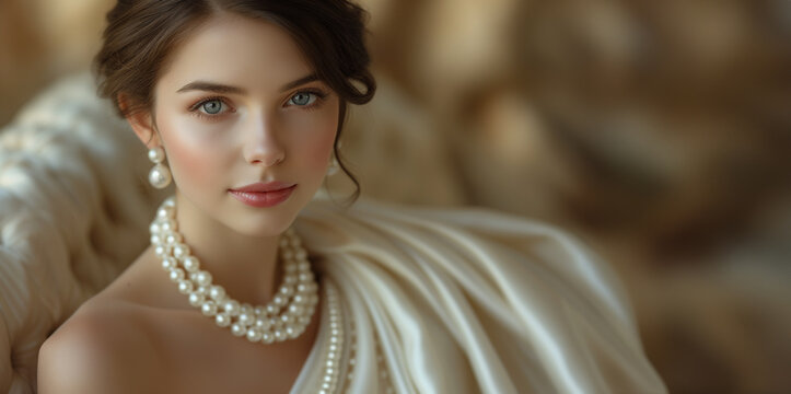 A portrait of a graceful young woman adorned with a multi layered pearl necklace and matching earrings, exuding classic beauty.
