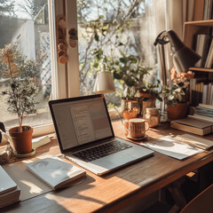 Fototapeta premium laptop on the table,Laptop, Coffee, Notebooks on a Porch Amidst Lush Greenery and Bright Flowers, Embracing the Harmony of Work and Nature.
