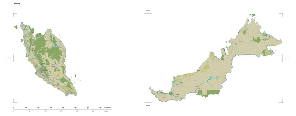 Malaysia shape isolated on white. OSM Topographic Humanitarian style map