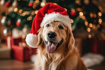 Cheerful dog golden retriever in Santa Claus hat near Christmas tree at home. Preparing for Christmas holidays, Generative AI  - Powered by Adobe
