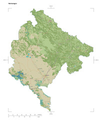 Montenegro shape isolated on white. OSM Topographic Humanitarian style map