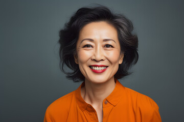 Fototapeta premium Happy attractive mature Asian woman with dark hair with gray streakes on dark studio background
