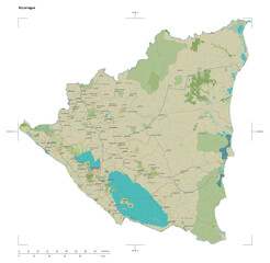 Nicaragua shape isolated on white. OSM Topographic Humanitarian style map