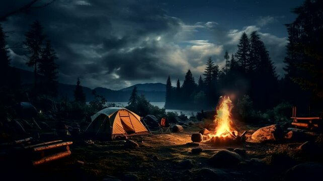 Camping scene with campfire and clouds background, animated virtual repeating seamless 4k