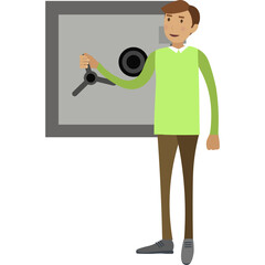 Bank worker opening safe vector icon isolated on white