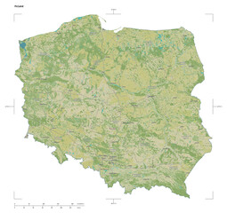 Poland shape isolated on white. OSM Topographic Humanitarian style map