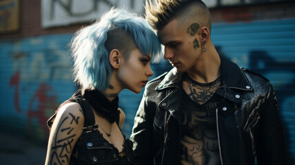 Naklejka premium A defiant punk couple, in urban attire, walk through a dystopian cityscape filled with graffiti and abandoned buildings.
