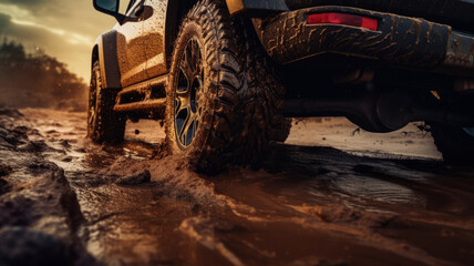 Fototapeta na wymiar Close-up of a car tire in the mud.