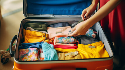 Travelers hands organize colorful essentials in a suitcase, creating a visually appealing scene.