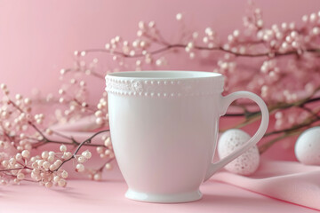 Obraz na płótnie Canvas White tea cup surrounded by flowers on pink background in Coquette style