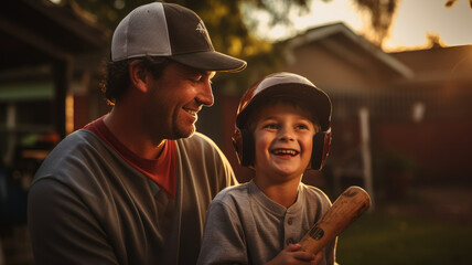 Father and son eagerly prepare for a baseball game under the warm backyard glow.