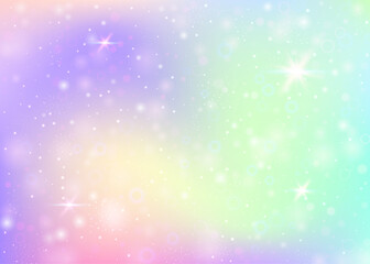 Naklejka premium Unicorn background with rainbow mesh. Trendy universe banner in princess colors. Fantasy gradient backdrop with hologram. Holographic unicorn background with magic sparkles, stars and blurs.