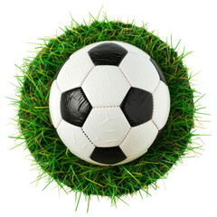 Fototapeta premium Soccer ball on green grass, cut out - stock png.