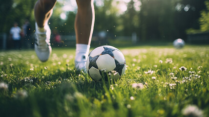 A soccer player skillfully controls a ball with precise footwork on a lush green field.