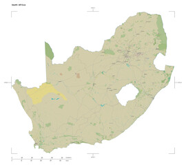South Africa shape isolated on white. OSM Topographic Humanitarian style map