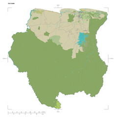 Fototapeta premium Suriname shape isolated on white. OSM Topographic Humanitarian style map